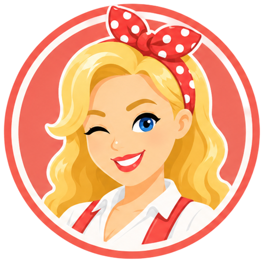 Nico. mascot: a winking adult blonde retail host in a white shirt with a polka-dot headband, framed in a coral ring badge.