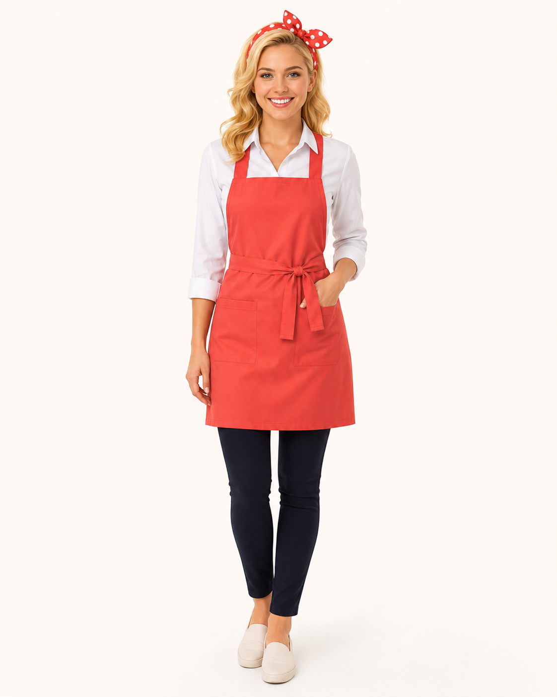Nico. staff uniform: an adult member of staff in a coral apron over a white shirt, with a red polka-dot headband, navy trousers and neutral shoes.
