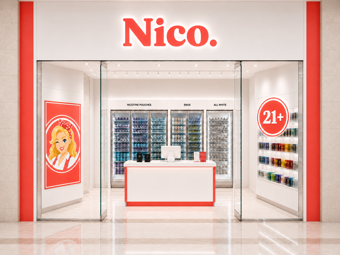 Nico. storefront concept: coral Nico. wordmark sign above a clean white mall unit, mascot wall panel on the left, a 21+ badge on the right, and nicotine pouch, snus and all-white product displays behind the counter.